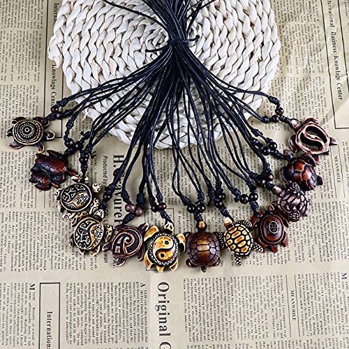 COLORFUL BLING 12pcs Artificial Bone Carving Sea Turtles Pendant Necklaces Set Medallion Symbol Adjustable Cotton Cord Yin Yang Hawaiian Surfer Lucky Amulet Jewelry for Women Men Unix2