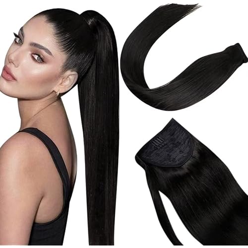 Hetto Black Wrap Around Ponytail Human Hair Magic Paste Ponytail Hair Extensions Human Hair Natural Black One Piece Ponytail Extension 12 Inch 70g