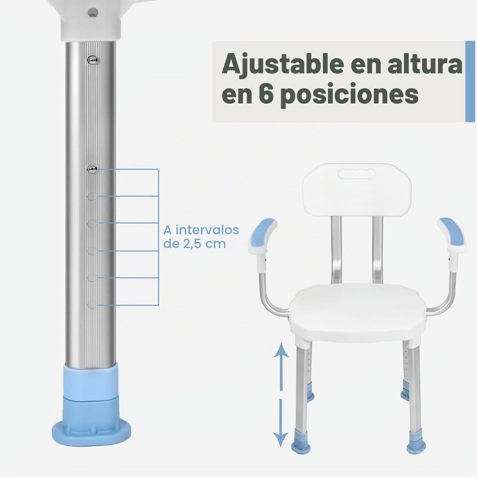 UISEBRT Silla de Ducha Con Reposabrazos y Respaldo, Taburete Regulable en Altura, Pies de Goma Antideslizantes, Ayuda Para la Ducha, Asiento Hasta 150 kg