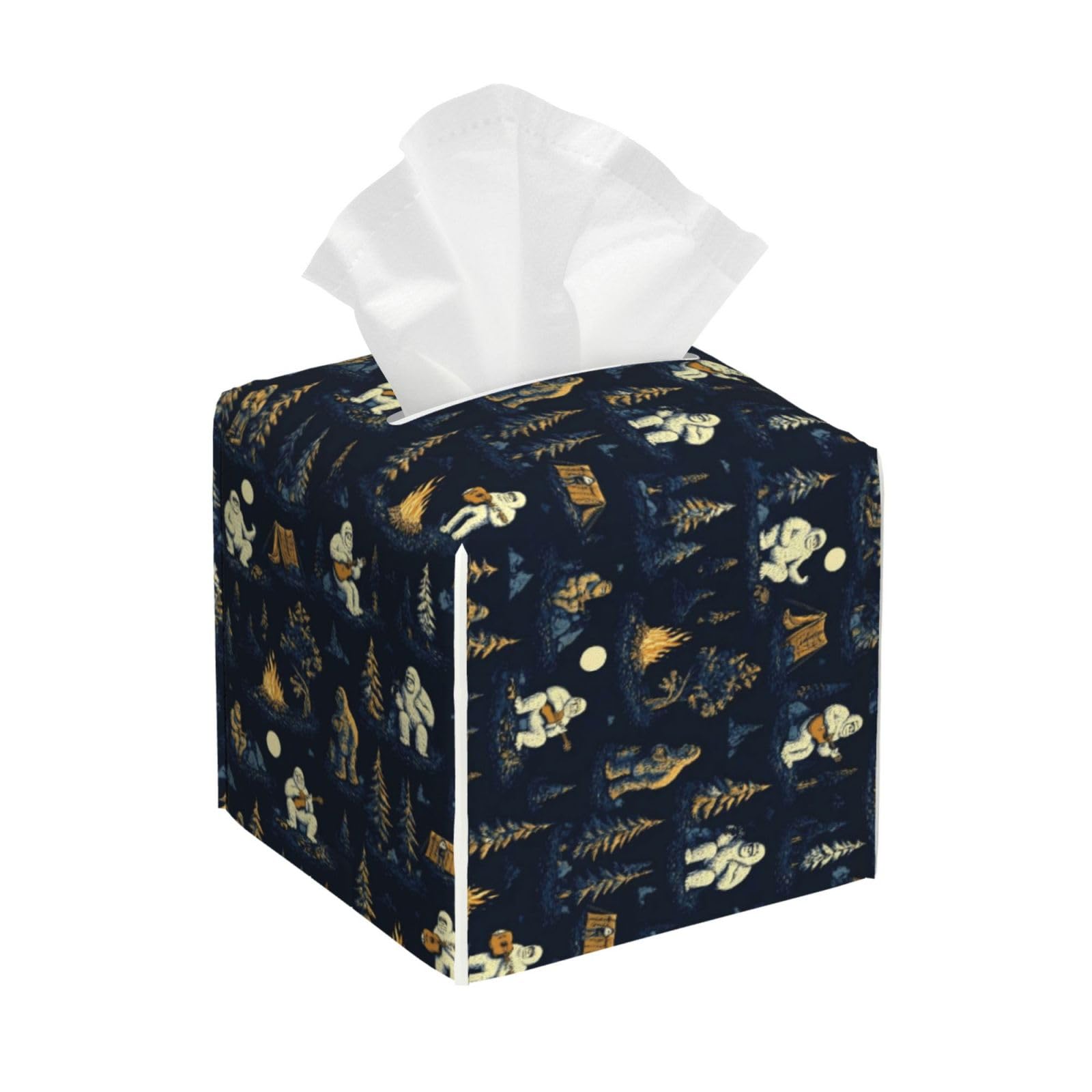 Night Camping Print Tissue Box Cover Holder Square, Foldable Modern Cube Tissue Box Cover, Leather Decorative Organizer for Tabletop Bathroom Car Office Desk Decor