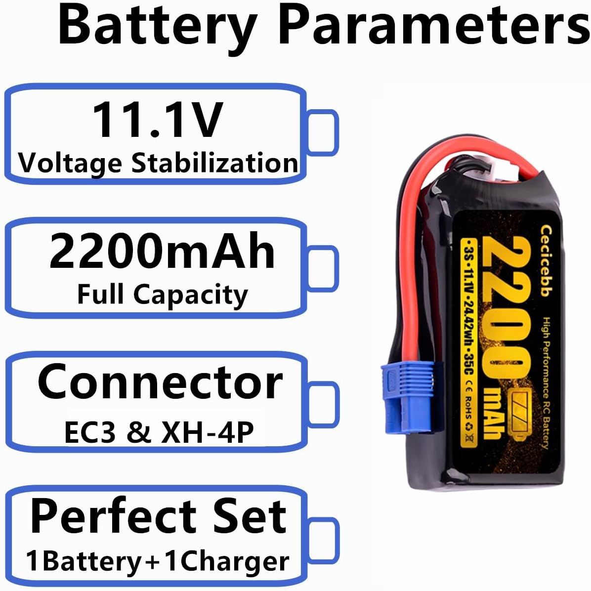 3S Shorty Lipo Battery 2200mAh 11.1V 35C with EC3 Plug for RC Car Truck RC Vehicles Boat Drone Airplane Quadcopter Helicopter FPV 1 Pack with USB Charger