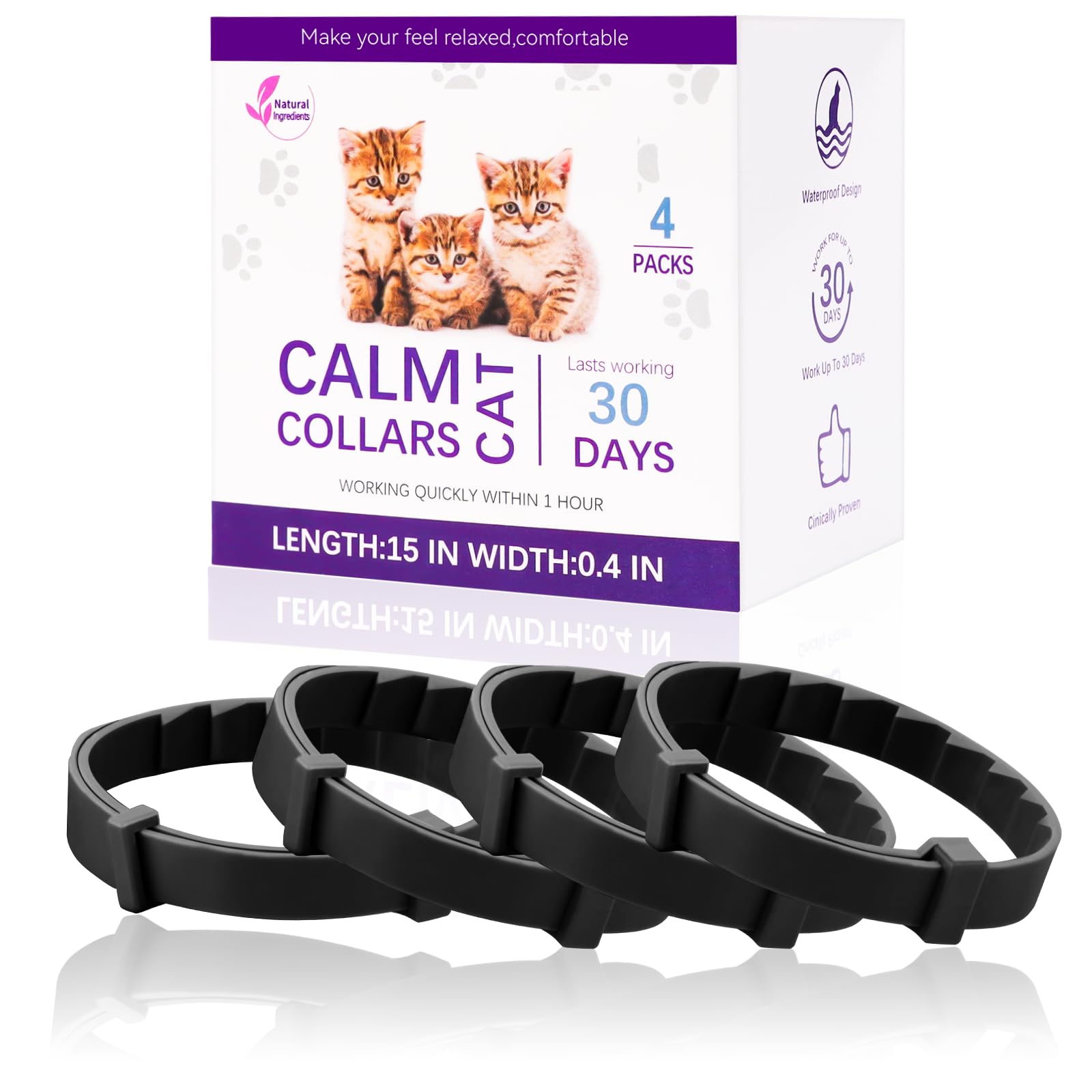 4-Pack Cat Calming Collar, Breakaway Cat Collar for Kittens to Large Cats, 4-Week Long Lasting, for Cat Anxiety Relief, Ideal for Indoor Cats(Black)