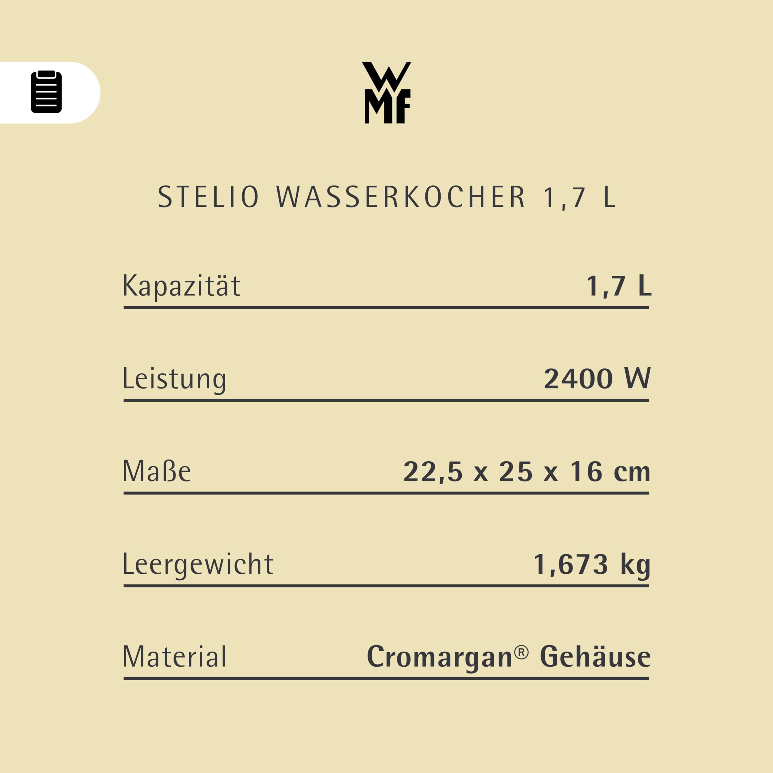 WMF Stelio Wasserkocher Edelstahl 1,7l, elektrischer Wasserkocher mit Kalkfilter, 2400 W, Wasserstandanzeige beleuchtet, Überhitzungsschutz, edelstahl matt silber