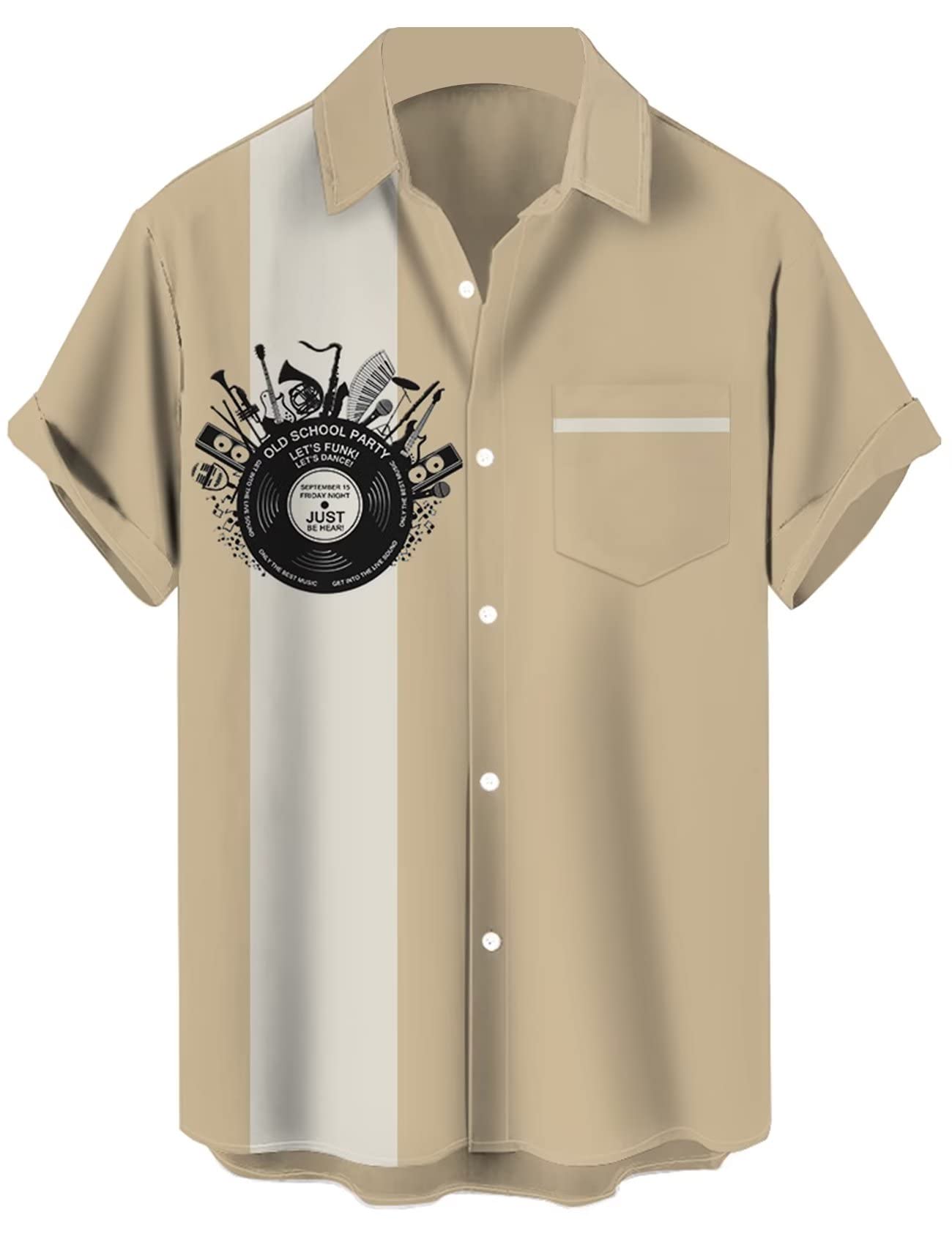 Lzzidou Men's Phonograph-Beige Vintage Bowling Shirt 1950S Retro Rockabilly Style Short Sleeve Button Down Music Hawaiian Shirts, Xxl