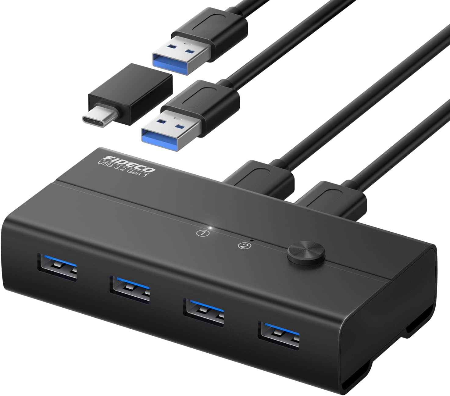 FIDECO USB 3.2 Gen 1 KM Switch Selector, 5Gbps Speed, 2-Port Input and 4-Port Output, Aluminum Shell