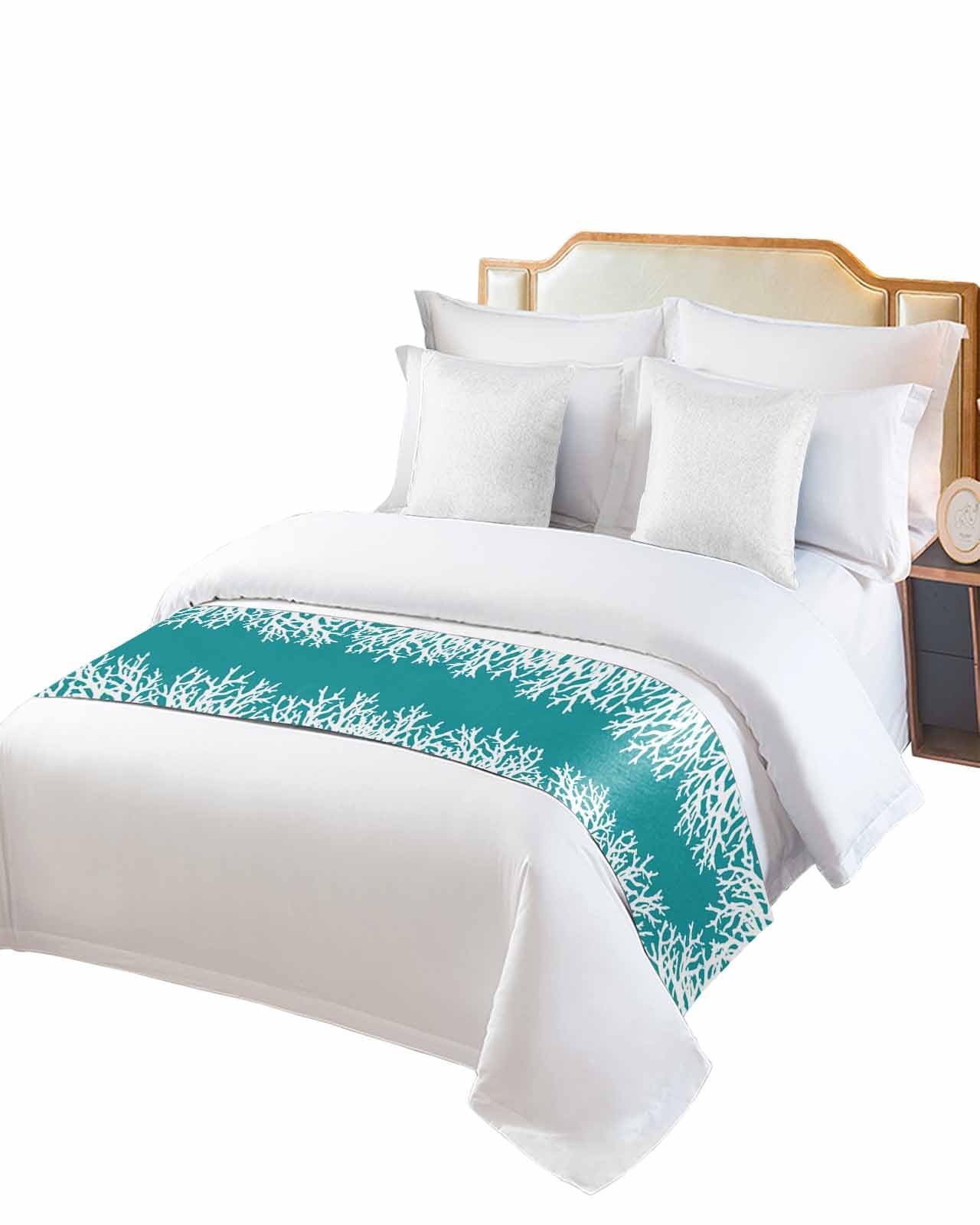 Full Bed Runner White Coral on Teal Green Bedding Runner Scarves Decorative Bed Scarf, Marine Modern Abstract Art Soft Bed Runners for Bedroom Hotel Wedding 83x20IN
