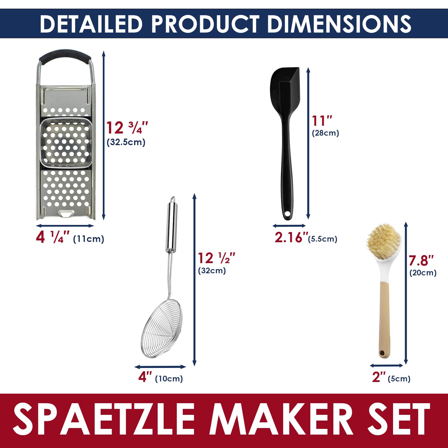 Spaetzle de acero inoxidable de grado premium con mango de agarre cómodo, cuchara de acero inoxidable con cepillo de limpieza, juego de herramientas para hacer bolas de masa hervida alemanas caseras