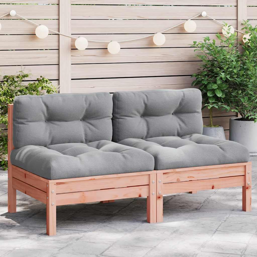 Sofá de jardín sin reposabrazos con cojín, 2 unidades, de madera maciza Douglas para terraza y jardín, diseño modular de listones para exteriores, cómoda experiencia de asiento con respaldo