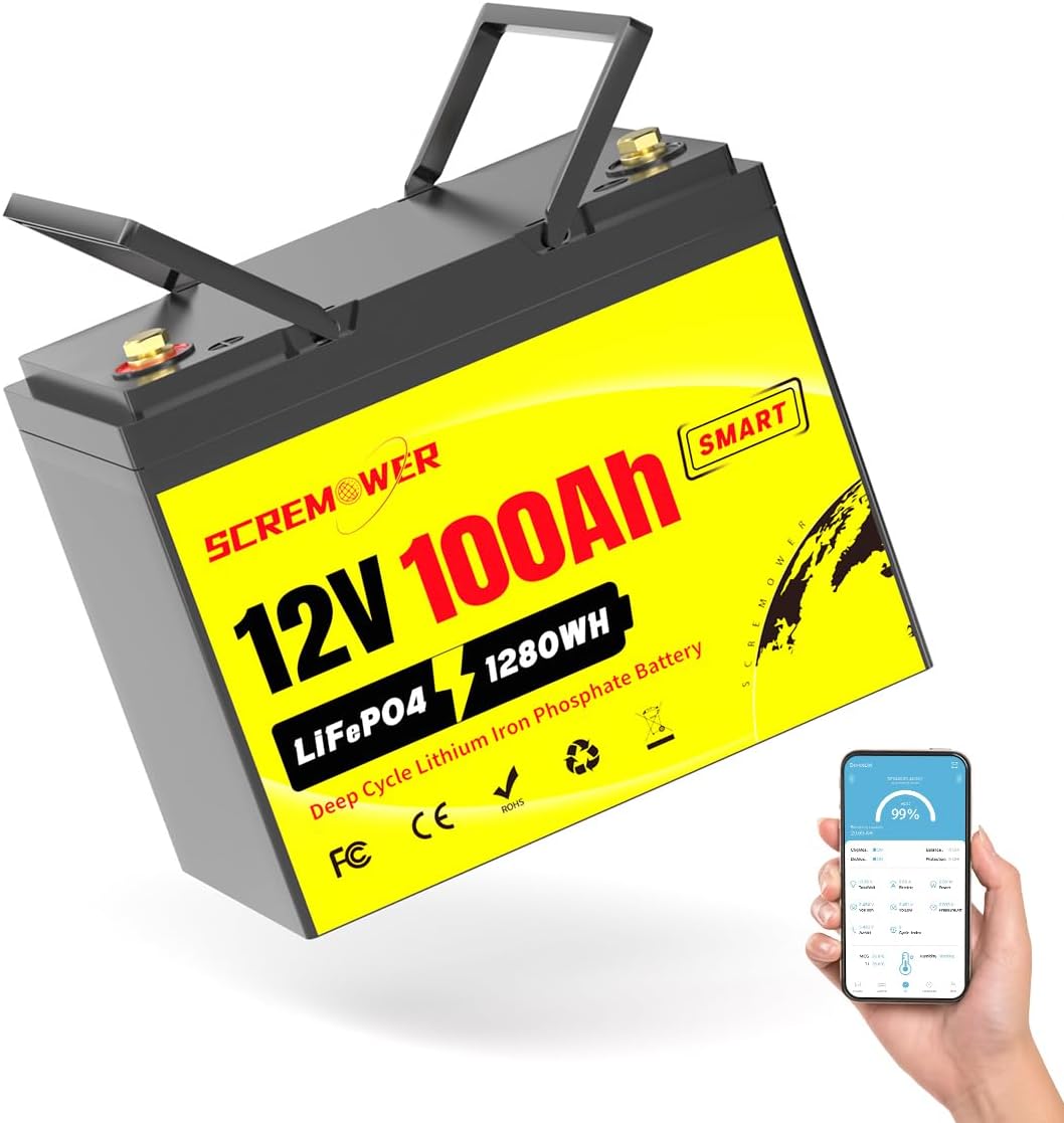 12V 100AH LiFePO4 Lithium Battery with Bluetooth, Low Temperature Protection, Max.1280Wh Energy, Group 24, Built-in 100A BMS, Batteries for Trolling Motor, RV, Boat, Solar Off-Grid