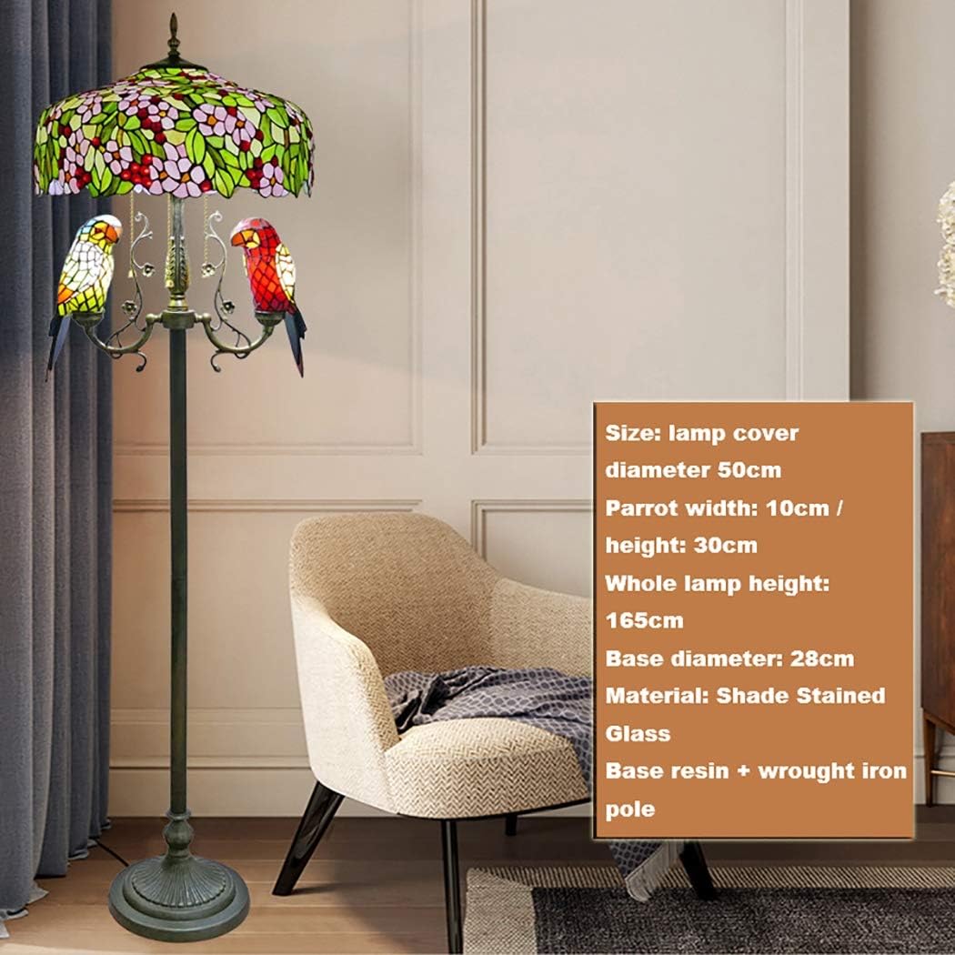 Pastoral Reading Floor Lamp Tiffany Style Stained Glass Victorian 2 Lights Parrot Lampshade in 65 Inch Tall Antique Resin Base for Bedroom Living Room,A