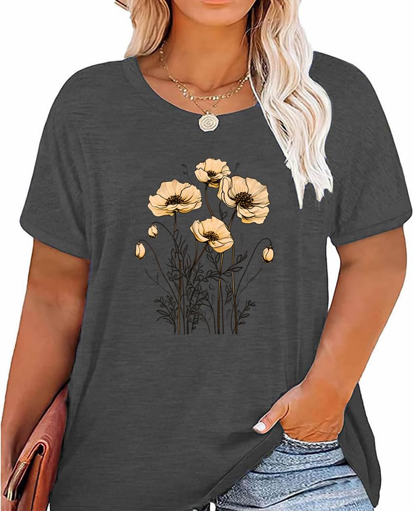GeLivable Women Short Sleeve Plus Size O-Neck Vintage Flower Botanical Graphic Printed Shirt Casual Top Tshirt Tunics