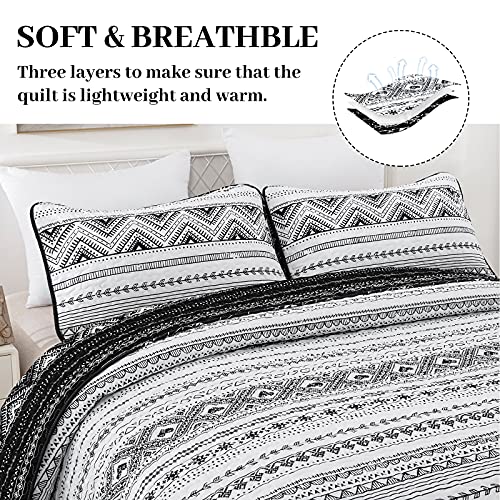 Djy Boho Aztec Quilt Set Queen Size(90"X96"), Black N White Striped Geometric Bedding Bedspreads, Reversible Microfiber Bohemian Quilted Coverlet Sets For All Season, 3 Pieces(1 Quilt+2 Pillowcases) #TOP3