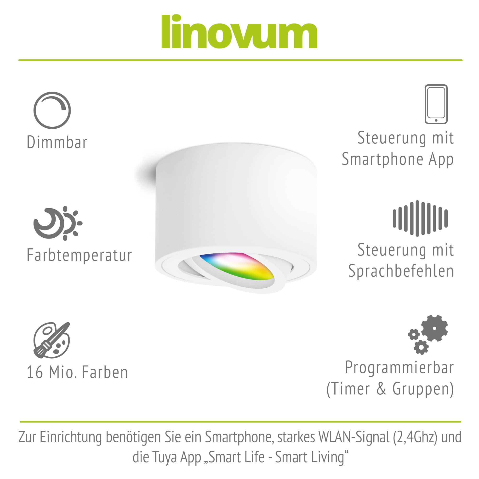 linovum SMOL Aufbauspot 4er Set weiß flach schwenkbar Smart LED WLAN RGBW | Vier smarte Deckenspots weiß - nur 50mm hoch, schwenkbar, per App & Alexa steuerbar, RGB-Farblicht, fürs Wohnzimmer, ohne Hub