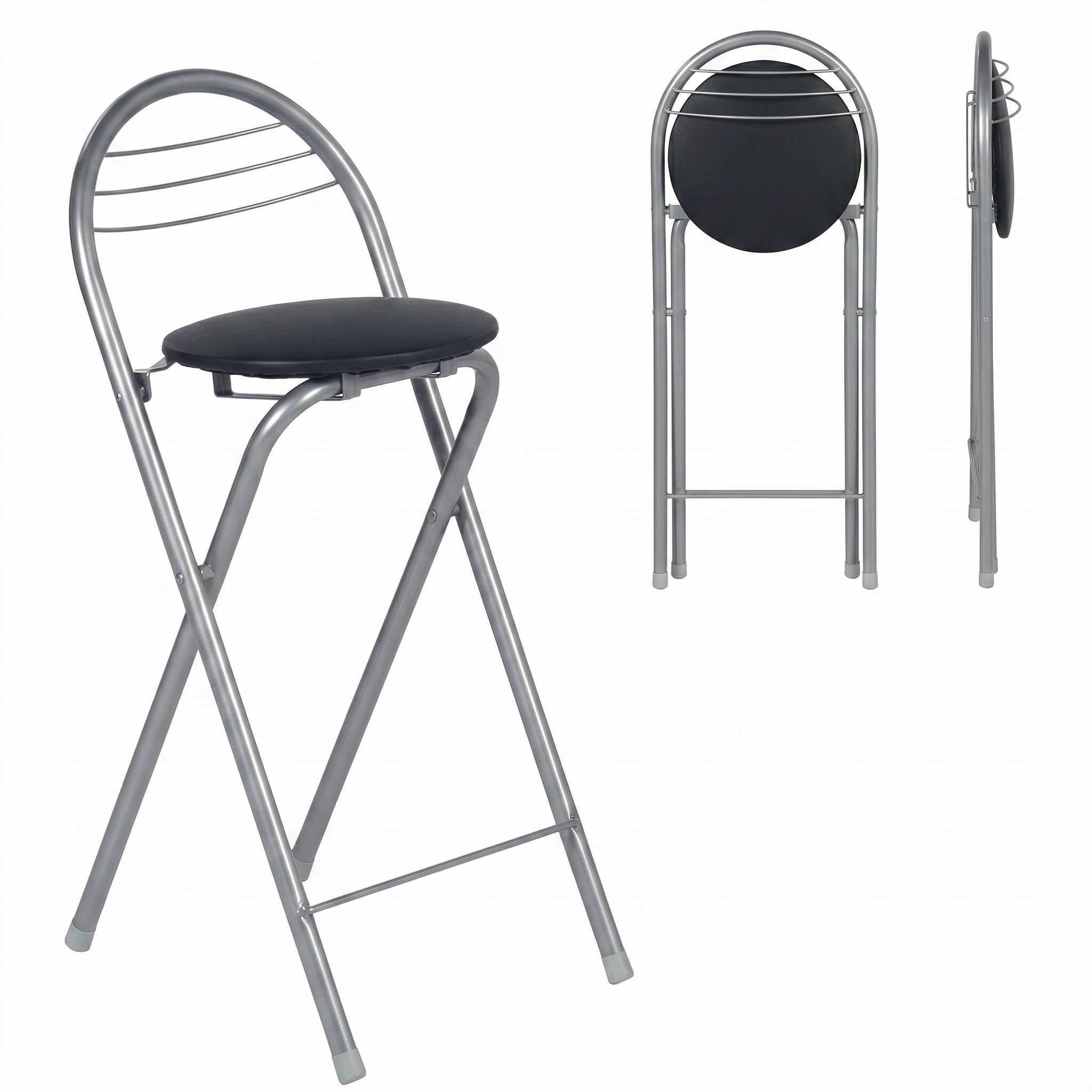 1 Pezzo Sgabello Bar Alto Pieghevole Pieghevole Portatile Cucina con Schienale, Sedie Sgabelli Alti Pieghevoli per Interno Esterno in Cucine/Bar/Bistrot/Campeggio/Nero Ecopelle Seduta/Altezza 61CM