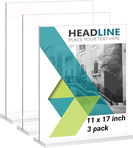 Paquete de 3 soportes acrílicos de 11 x 17 pulgadas, soporte transparente en forma de T para menú, folleto de imagen de doble cara para oficina,