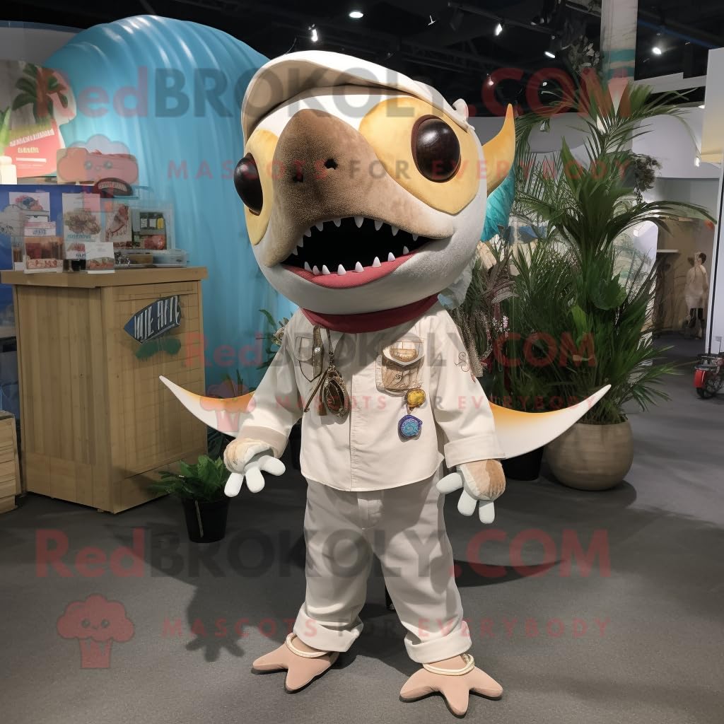 Beigefarbenes Schwertfisch-Maskottchen-Kostüm, gekleidet mit Strampler und Halsketten