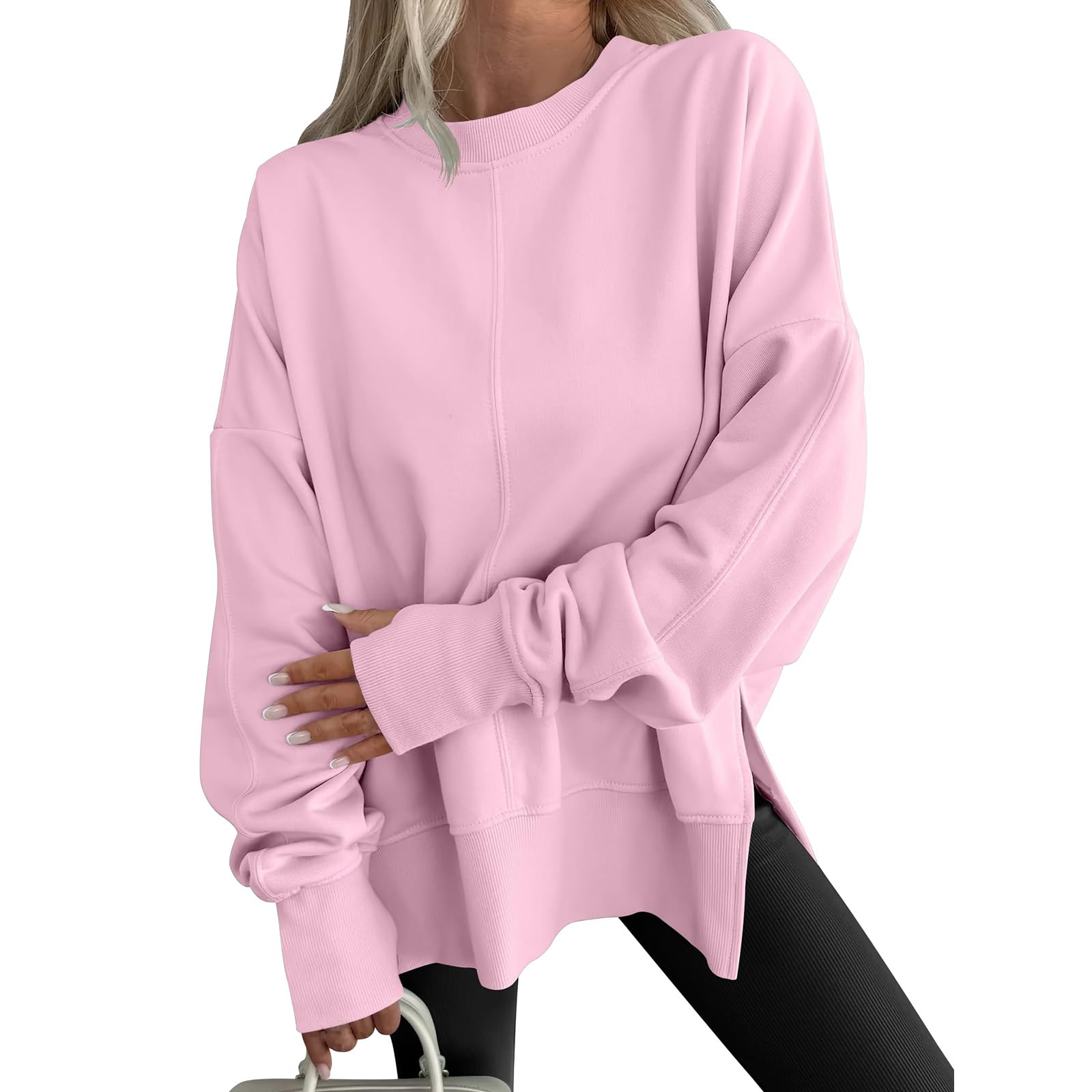 Women Oversized Sweatshirts Side Split Crewneck Sweatshirt Casual Pullover Shirts Trendy Long Sleeve Tunic Tops