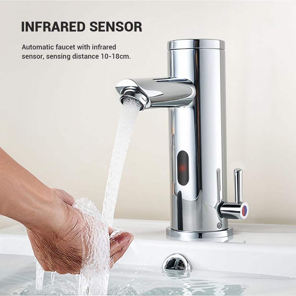 Rubinetto automatico per lavandino del bagno, senza tocco, con sensore di movimento, in ottone, con maniglia regolabile per controllo della temperatura, per uso domestico, commerciale e ufficio (corto