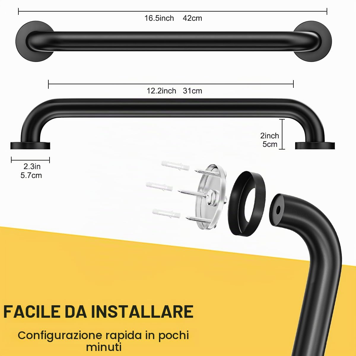 FANHAO Maniglia Doccia Anziani, 2 Pezzi 41cm Maniglione Bagno Disabili Acciaio Inox 304, Doccia Anziani, Maniglia Bagno, Il Cucina, WC, Vasca Scale Gradini, Mobilità Ridotta - Nero