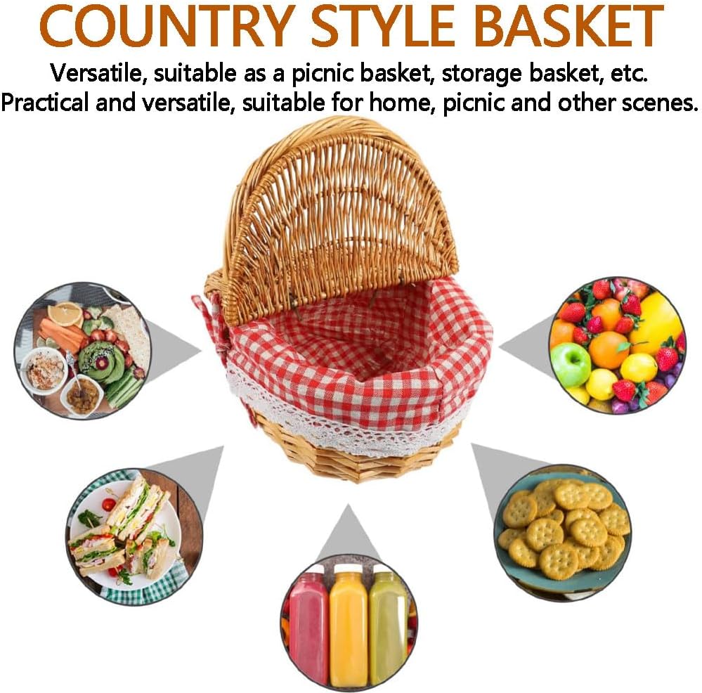Woven Wicker Picnic Basket with Double Lids & Handle – 40 x 29 x 38 CM Rattan Storage Basket with Washable Lining for Eggs, Candy, Flowers & Home Decor (Natural)
