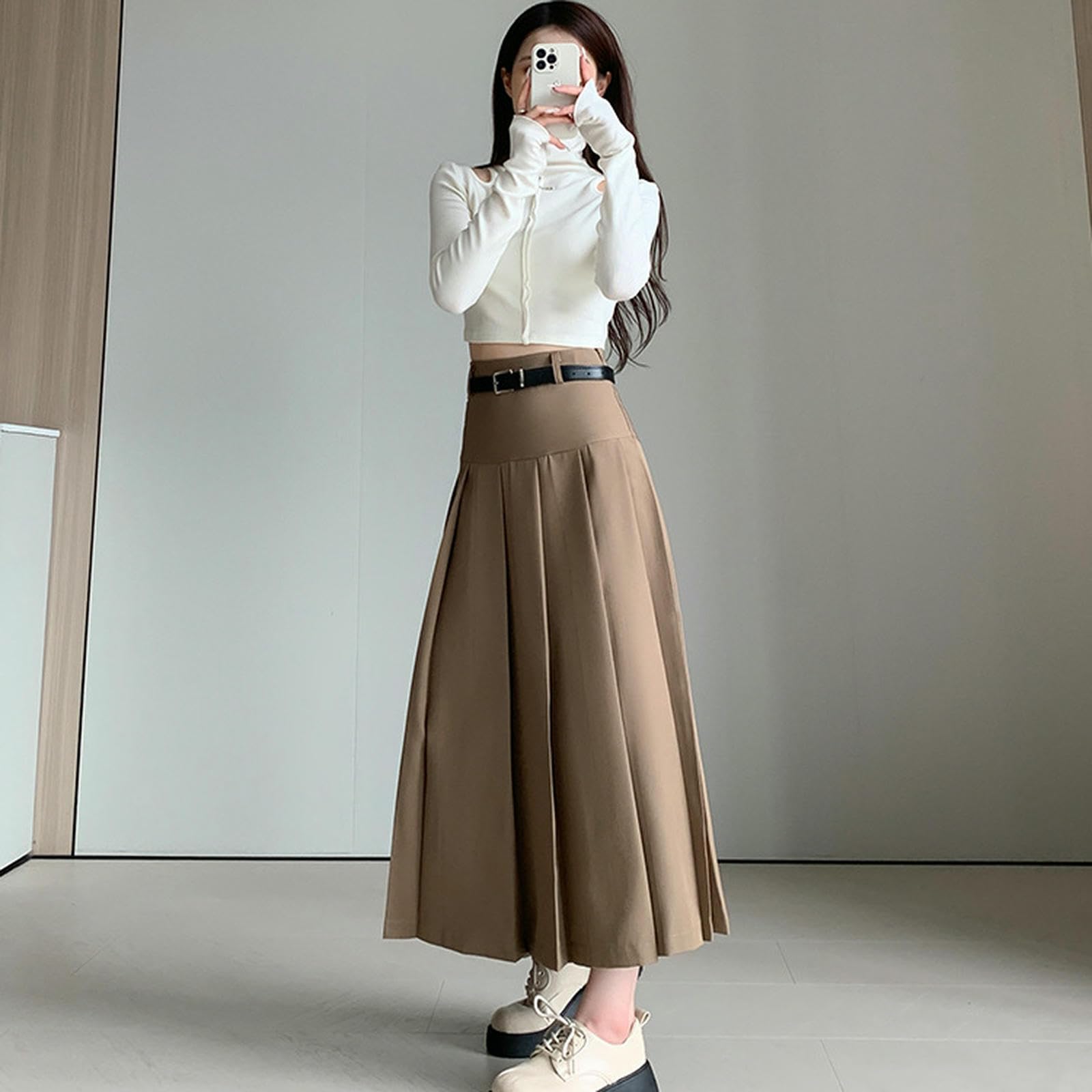 Rock Praller Midirock Für Damen Im Herbst Winter Mit Gürtel, Hohe Taille, A-Linie, Vielseitig-schwarz-s