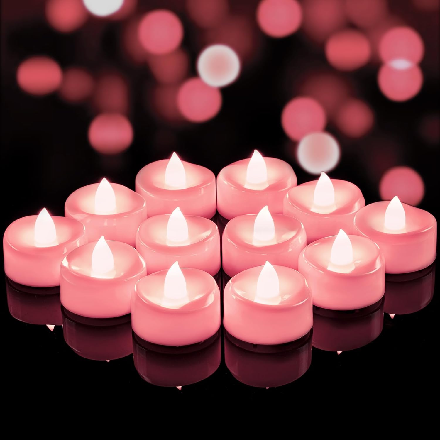 merrynights Flameless Candles, 12 Pack Tea Lights Candle Battery Operated, LED Tealight Votives, Realistic Tea Lights for Wedding Christmas Party Home Decor -D 1.5” x H 1.25” -Pink Light