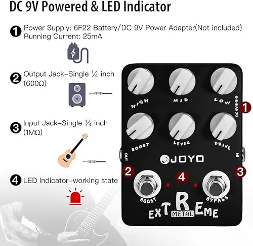 Miniatura 6 de JOYO Pedal de distorsión de metal con ecualizador de 3 bandas y aumento de ganancia baja-media-alta para efecto de guitarra eléctrica - Bypass
