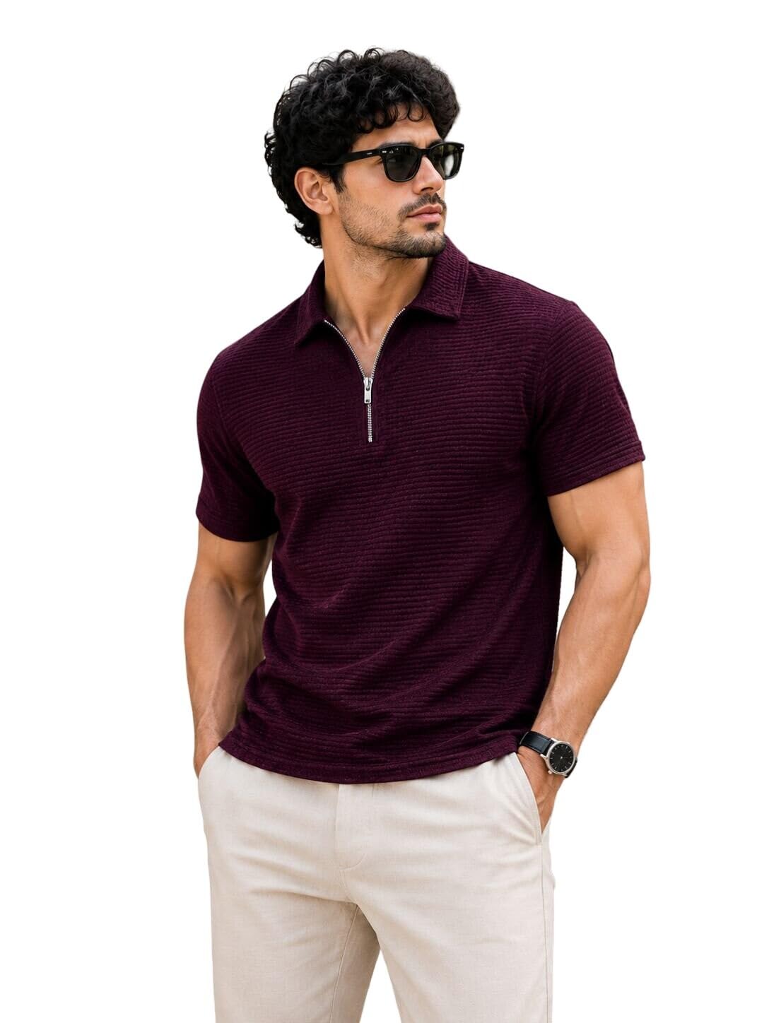 Mens Textured Knit Polo Tshirt with Zip Stylish t-Shirt M to 4XL-image-49