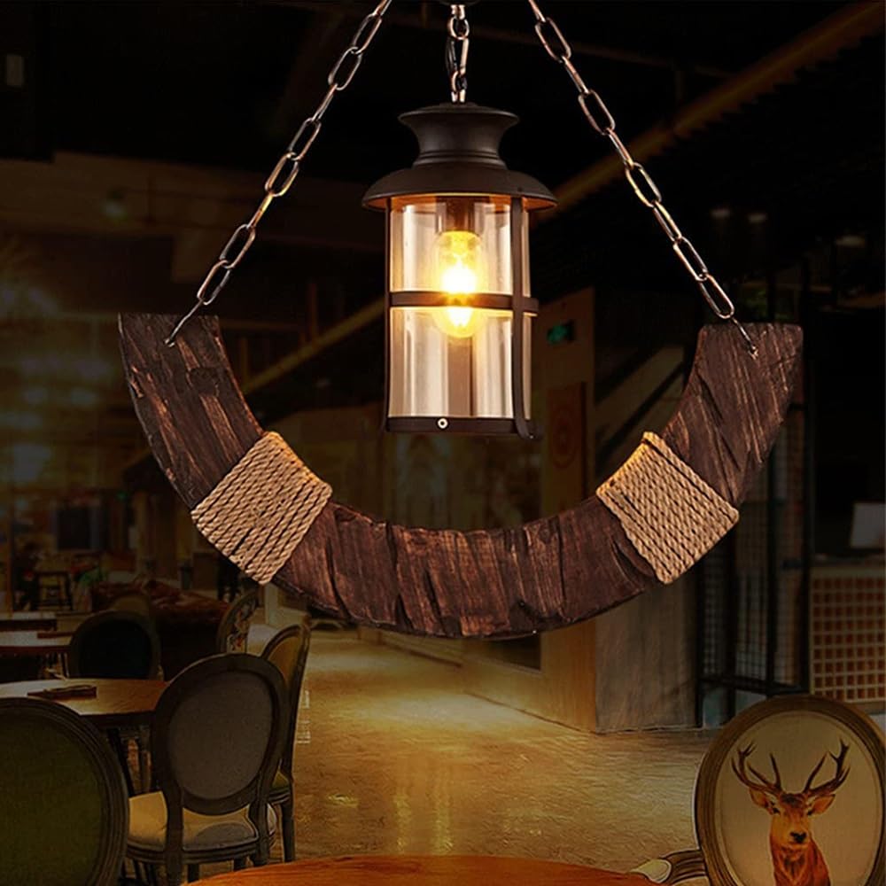Générique LAUMZX Lustre rustique en bois à 1 lumière, suspension industrielle forme de lanterne croissant