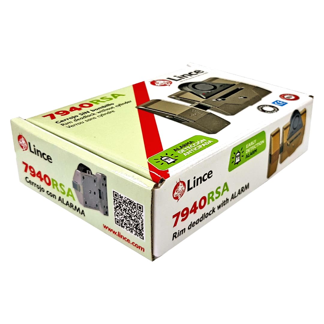 Lince Cerrojo Pestillo 7940RSA con alarma 100dB I Medidas de caja 150 x 110 x 45 mm. I Cerradura para interior I Acabado latonado y cromo mate