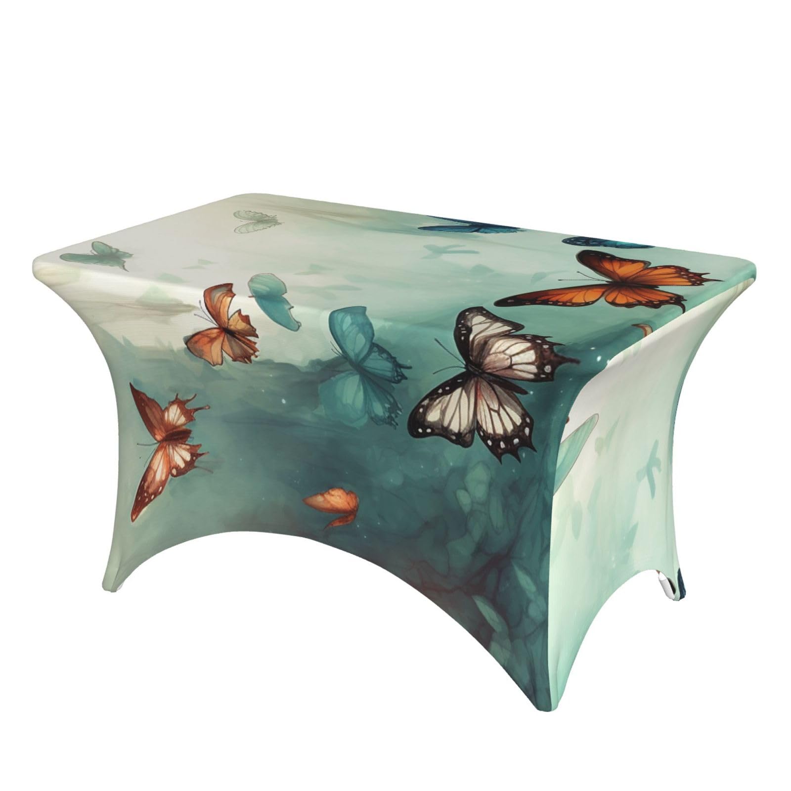 LKTPSKQRY 4ft Spandex Table Cloth For Rectangle Tables, Wrinkle Resistant Stretch Tablecloths Protector Butterflies Washable Patio Table Cover For Wedding, Party, Banquet, Picnic