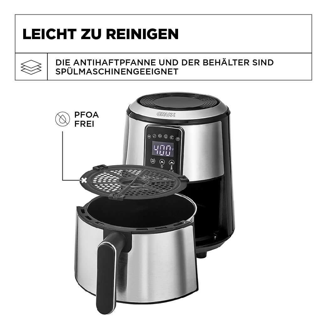 Crux 3 l digitale Heißluftfritteuse, schnelleres Vorheizen, ölfreies Frittieren, spülmaschinenfeste Antihaft-Pfanne und Bratgestell, Edelstahl