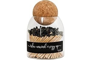 Relax Unwind & Cozy Up: Decorative Wood Black Tip Glass Match Jar Cloche