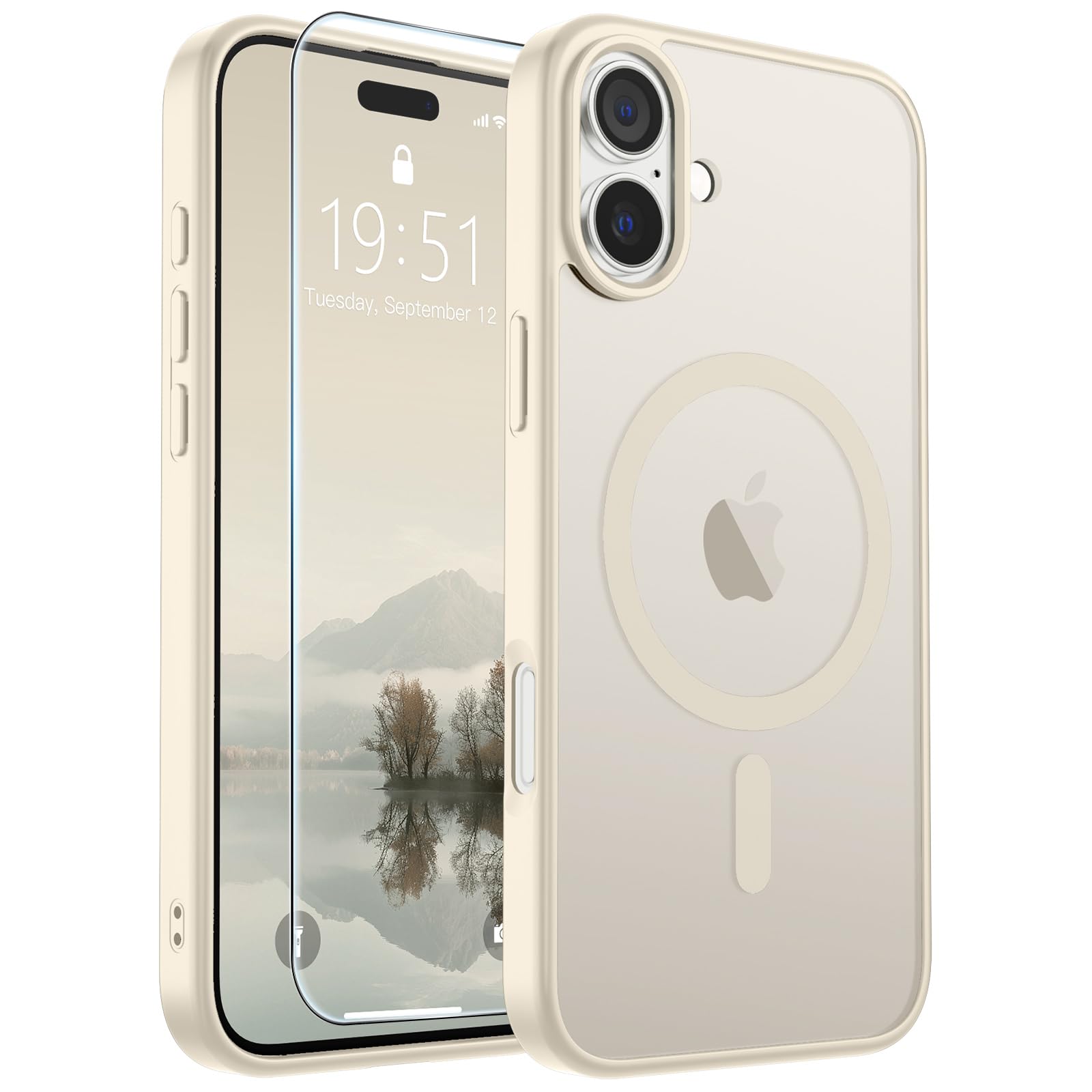 SUPFINE Magnetic for iPhone 16 Plus Case Antique White | With Screen Protector, Translucent Matte, Compatible with MagSafe, Military Grade Drop Proof, Rugged Shockproof Protective