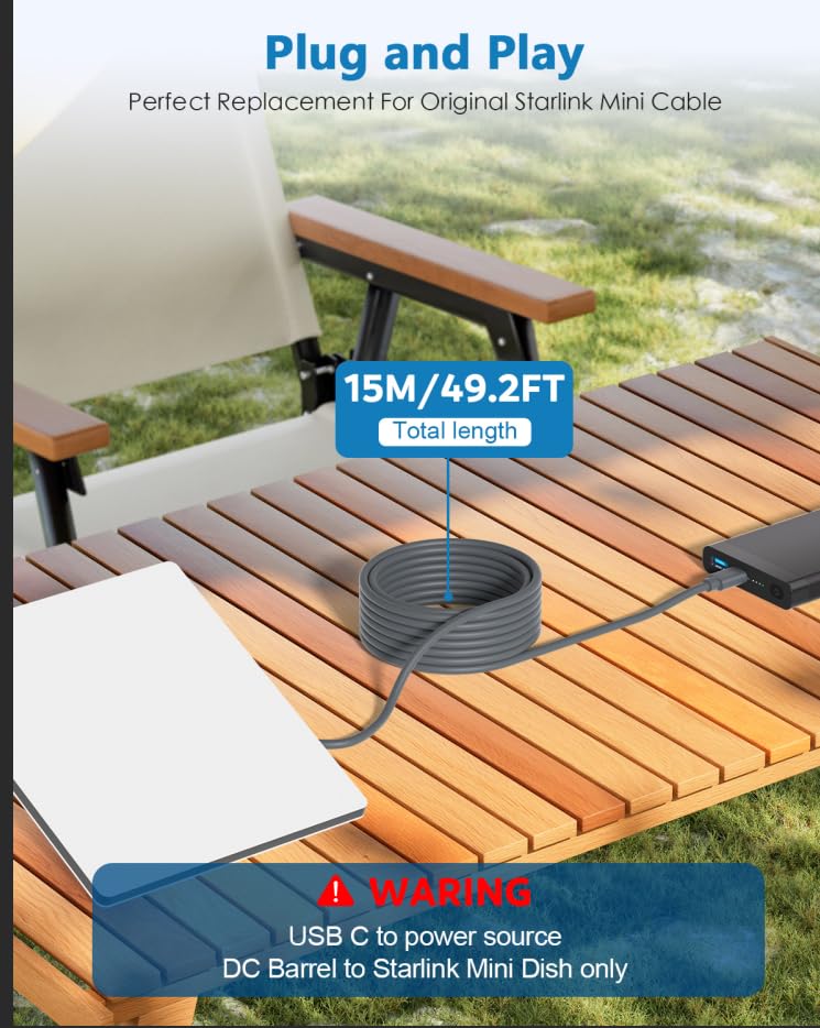 Image of Starlink Mini USB C to DC Power Cord, 50FT Starlink Mini Cable,Type C Input to DC 20V 5A Barrel Jack Cable Work with 100W PD Charger and PD Power Bank Waterproof 18AWG 15M