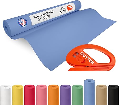 Vista 179 de Rollo de papel kraft marrón de 24 x 1800 pulgadas (150 pies) con cortador, papel de calidad fabricado en Estados Unidos, 50 libras de grosor