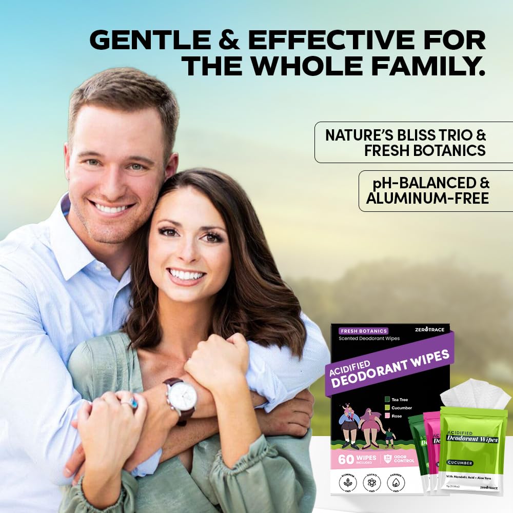 ZERO TRACE Zero Trace - Toallitas desodorantes de viaje, 60 unidades, control de olores 24 horas, hipoalergénicas, sin aluminio, para hombre y mujer