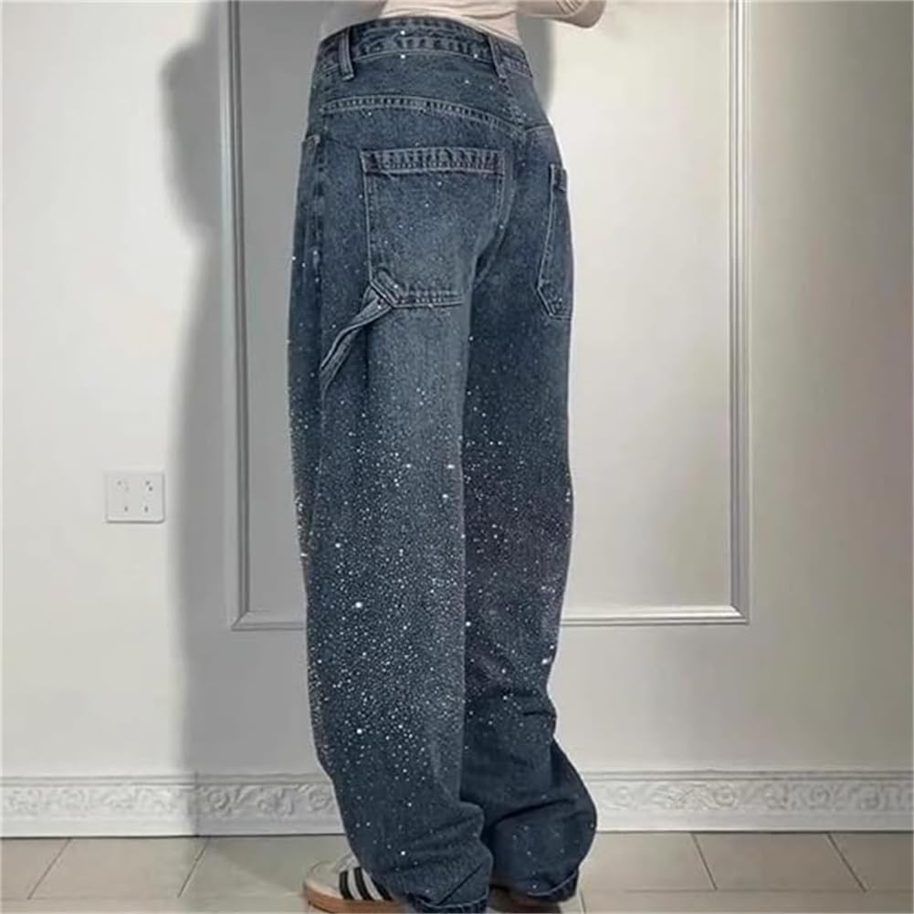 Jeans casual da donna con strass, a vita alta, con strass, gamba dritta e ampia, pantaloni in denim