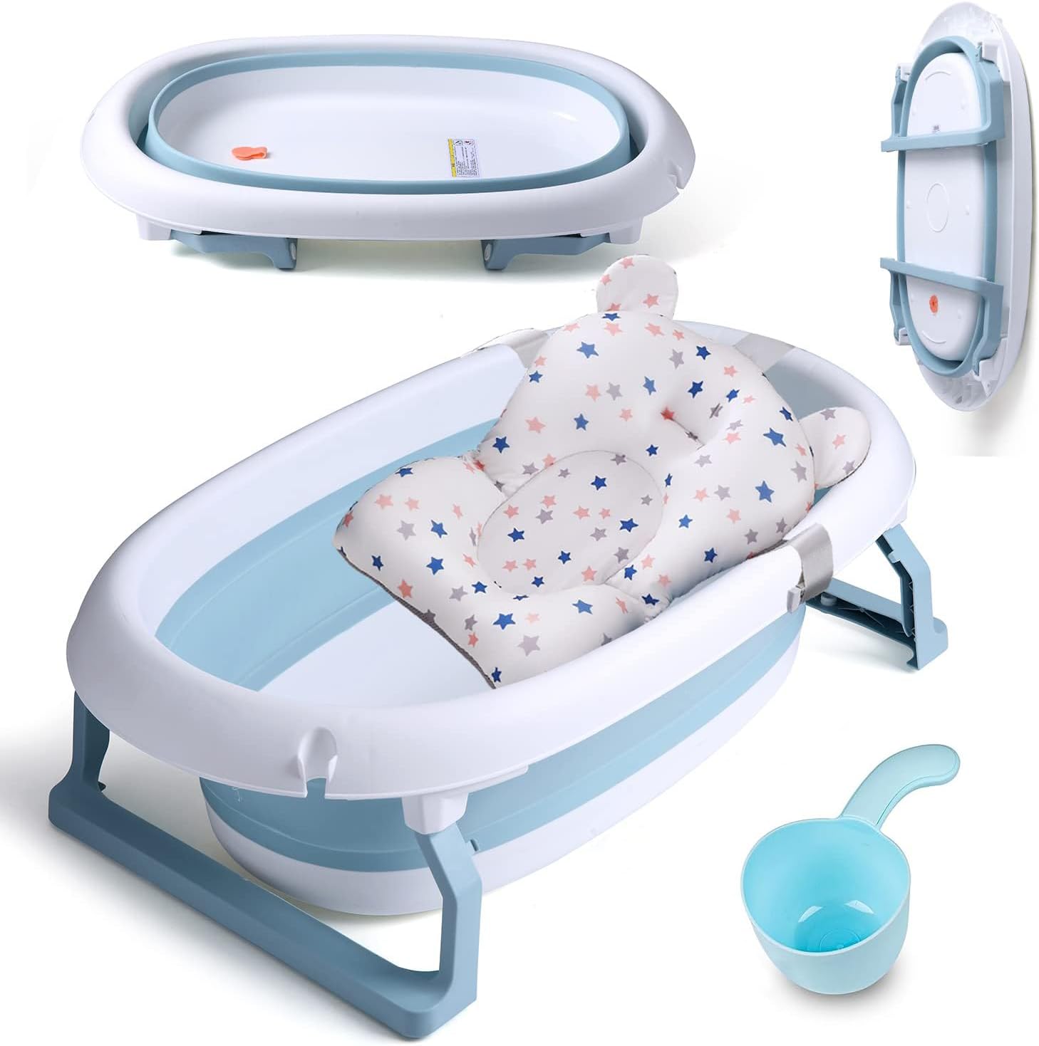 Large Foldable Baby Bathtub (55L), Baby Bath Tub with Cushion Pad, Non-Slip Support Leg, Collapsible Tub for Toddler Baby Kids Bathing - Childrens Travel Shower Bath Tubs | Shampoo Cup