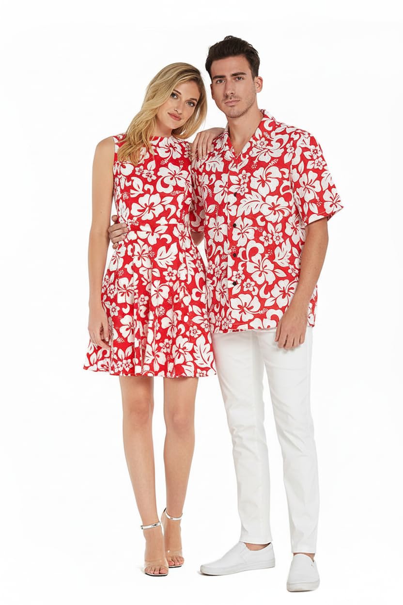 Couple Matching Hawaiian Luau Men Shirt and Women Vintage Fit and Flare Dress in Classic Vintage Hibiscus, Women Red, M
