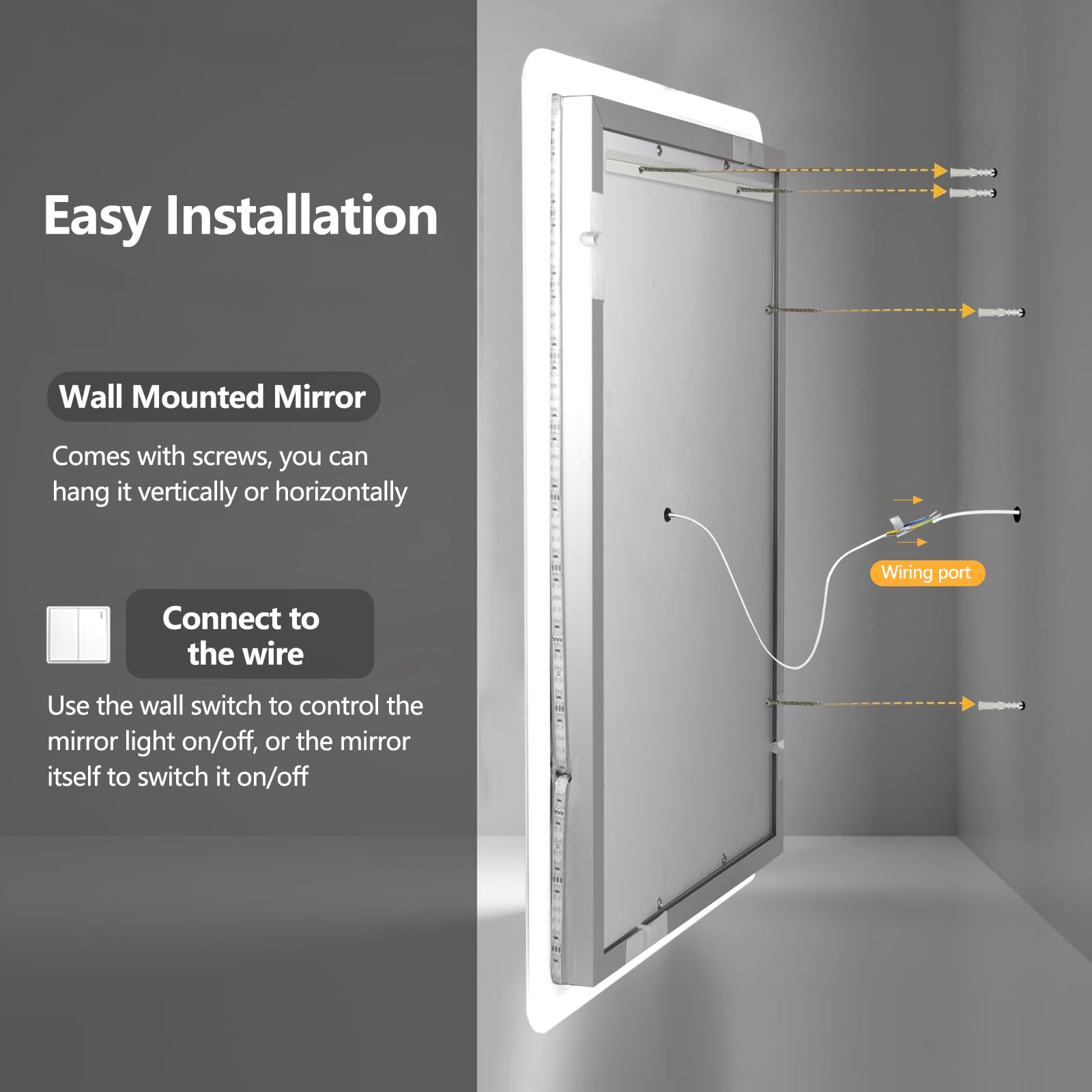 70 × 50 cm montowane na ścianie lustro łazienkowe przeciwmgielne - podświetlane LED z 3 kolorowymi ściemnianymi światłami i przełącznikiem dotykowym | Montaż poziomy/pionowy