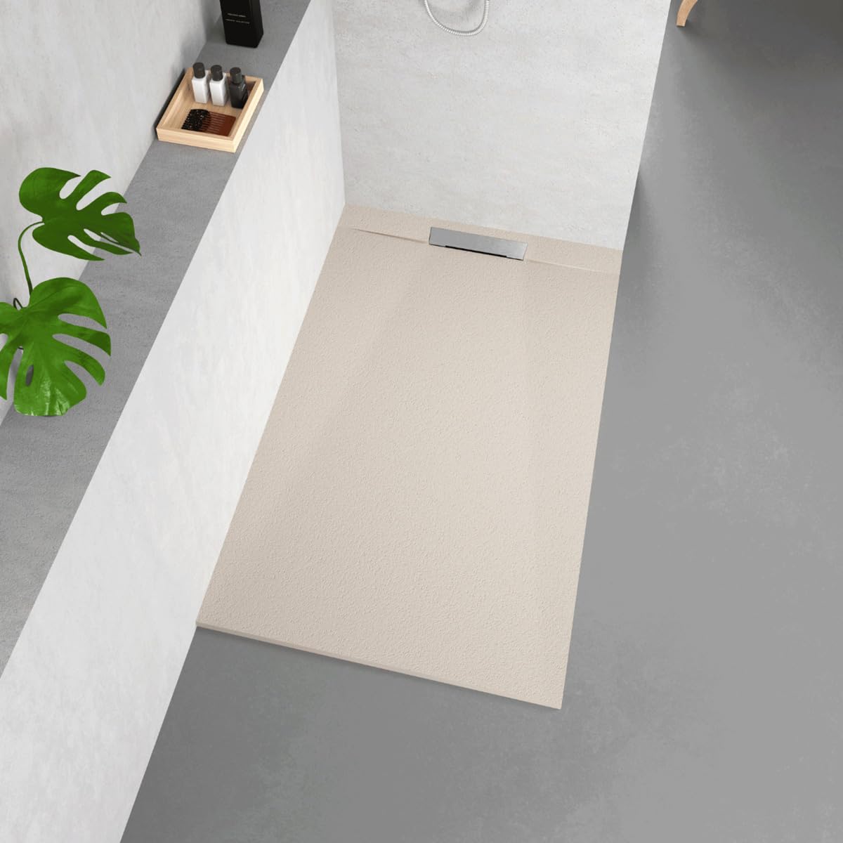 Plato de Ducha de Resina Antideslizante con Valvula y Rejilla Oculta | Textura Piedra | Beige | 90 X 120 cm