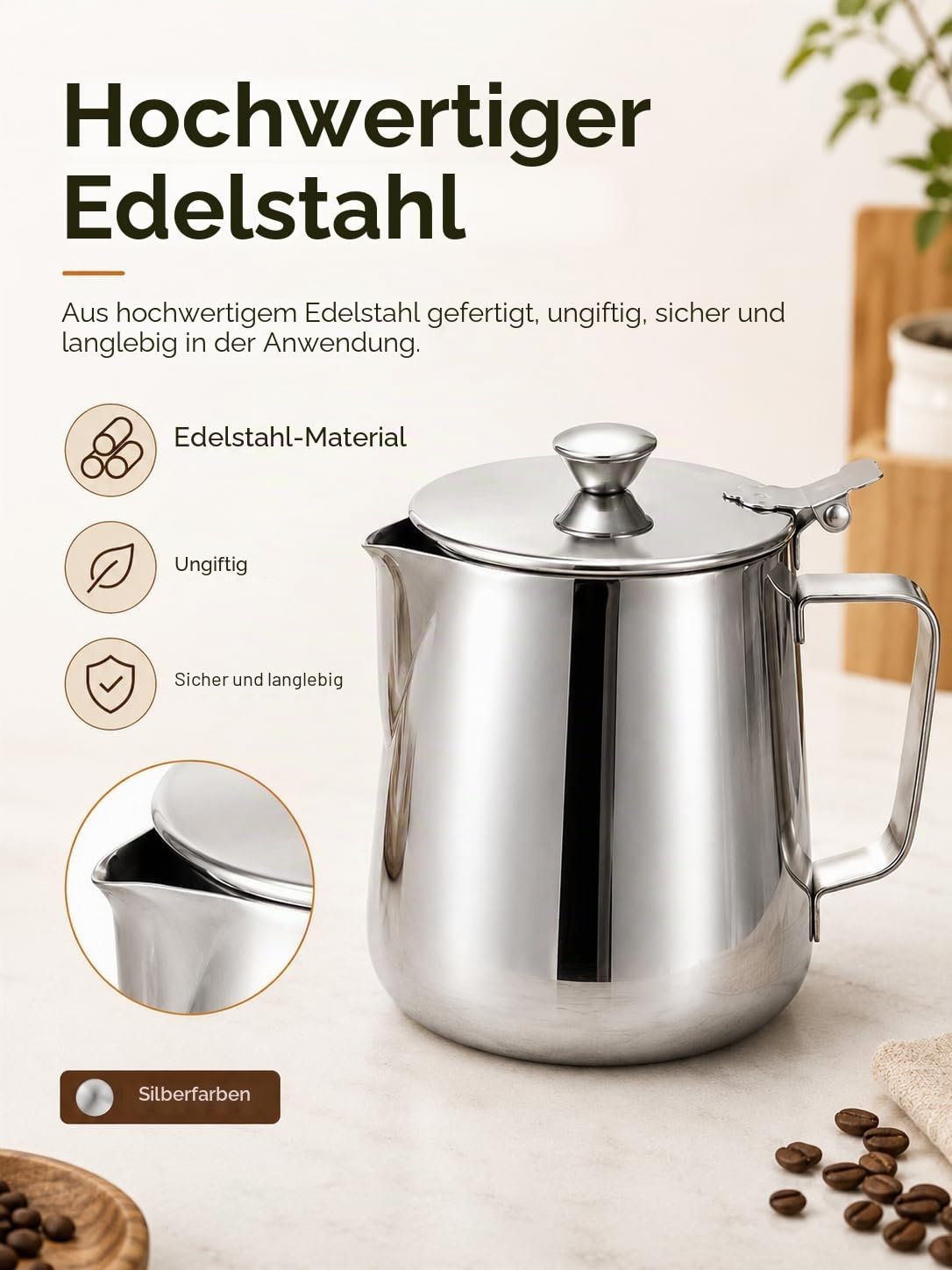 VOBOR Milch Pitcher,Edelstahl Kanne mit Deckel, Handheld Milchkännchen Edelstahl, Aufschäumbecher mit Anti Tropf Düsen und Griff Milchkanne für Espresso,Cappuccino,Latte,Barista (350ML)