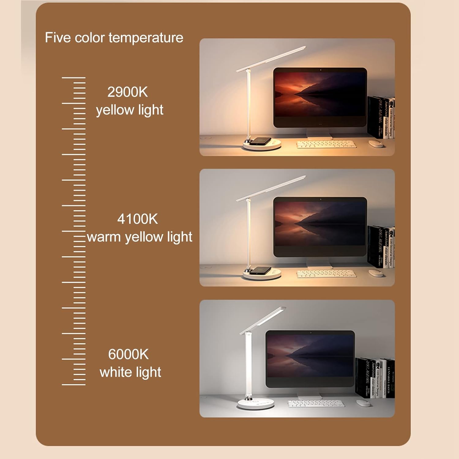 Yoidesu LED Desk Lamp, Touch Control LED Table Lamp with 5 Lighting Color Modes Stepless Dimming, Eye Caring Task Light with USB Charging Port for Working Reading Office