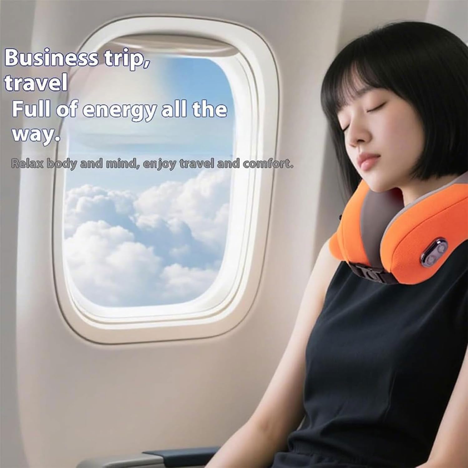 Travelzen Hooded Massage Pillow, Travel Zen Neck Pillow, Nackenkissen Flugzeug mit Kapuze, 3D-Dual-Core-Nackenmassagegerät mit Knetfunktion, Aufblasbares Reisekissen für Flugzeug, Auto, Zug (Orange)
