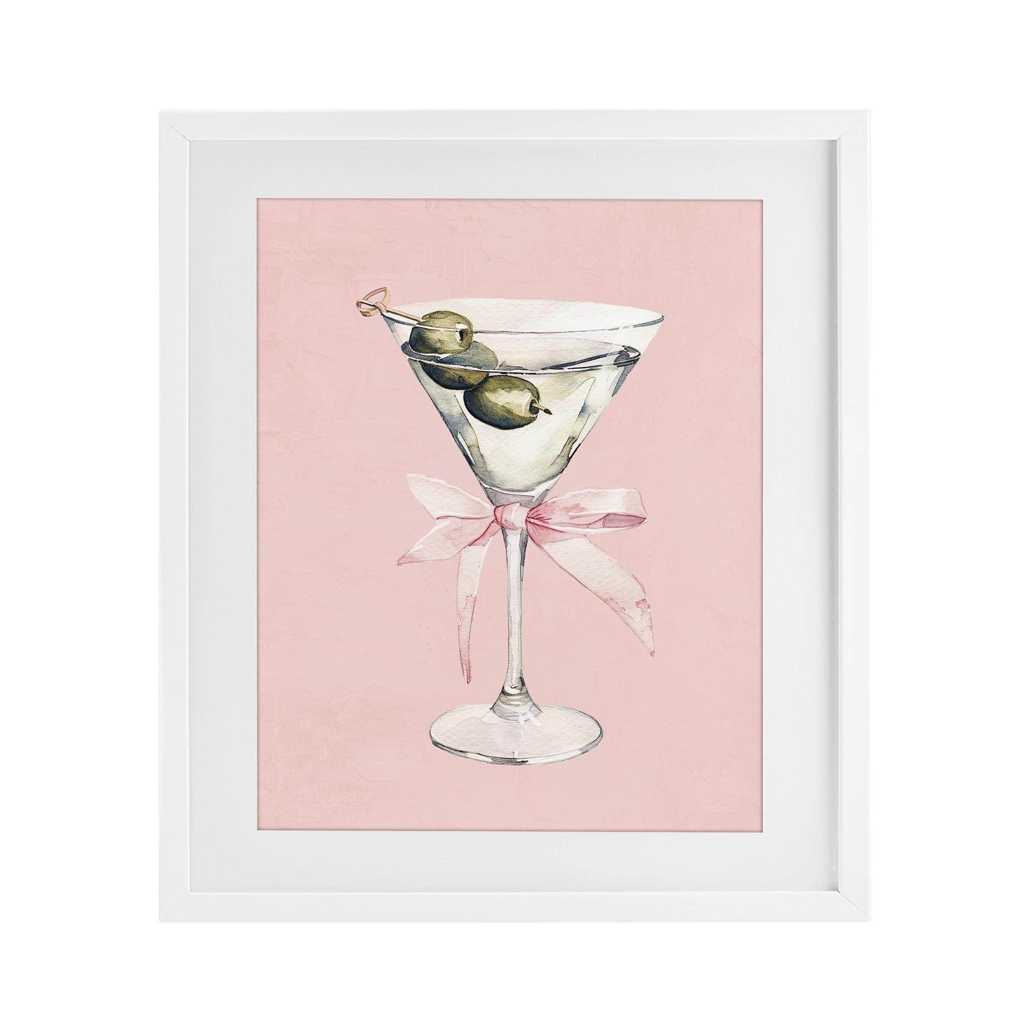Stupell Industries Coastal White (Textured) 'Martini With Pink Bow'| Framed Print Under Glass