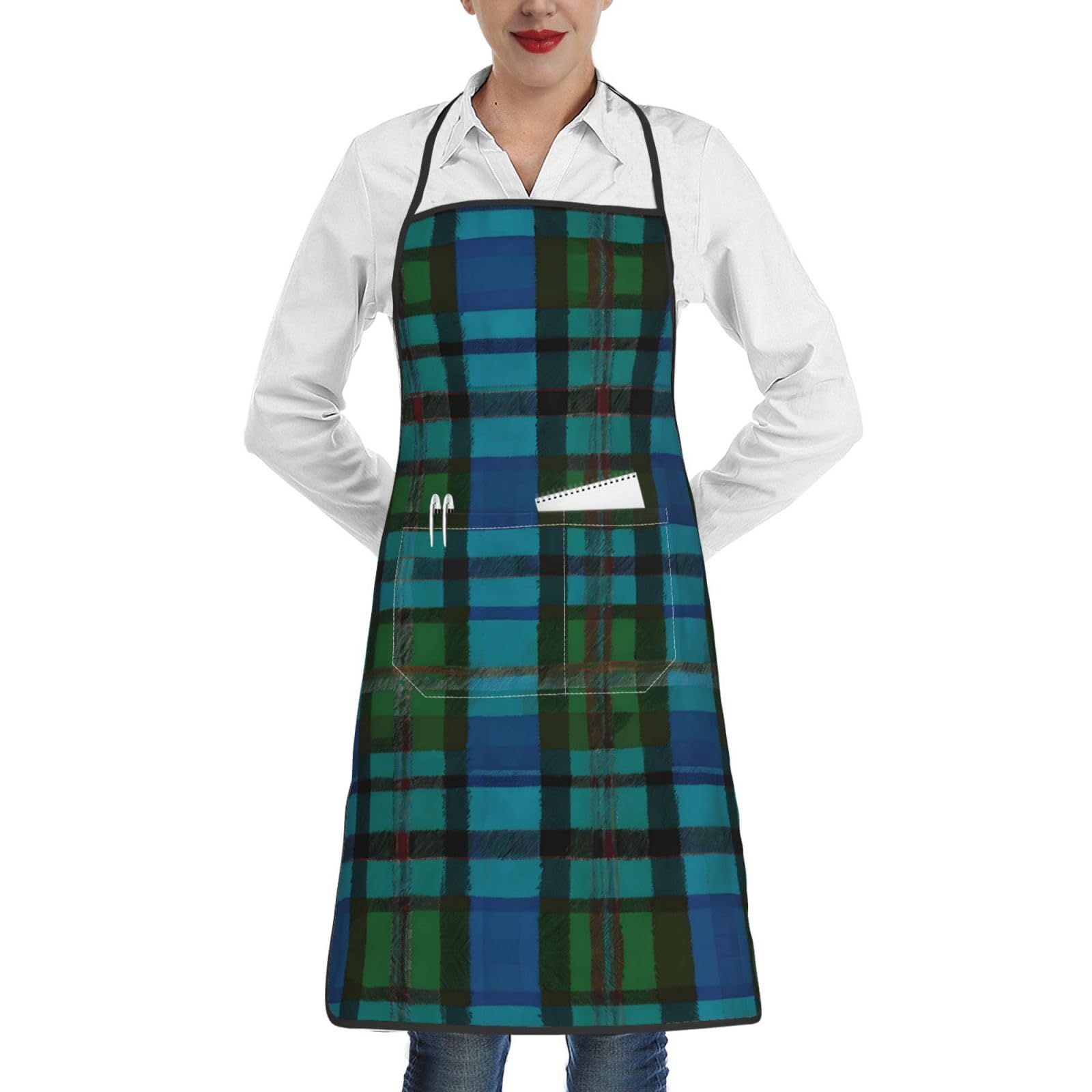 Kitchen Aprons For Women & Men, Blue Green Scottish Tartan Apron With Large Pocket, Adjustable Apron For Chefs Cooking Baking Gardening, Unisex Waterproof Chef Bakers Aprons For Home Restaurant