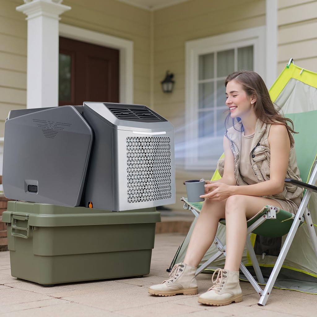 MESCXTY Portable Air Conditioner for Tent Camping - 6000 BTU Cooling/Heating, DC 48V, 24h Timer/Dehumidify, Exhaust Duct Included, Indoor & Outdoor Use