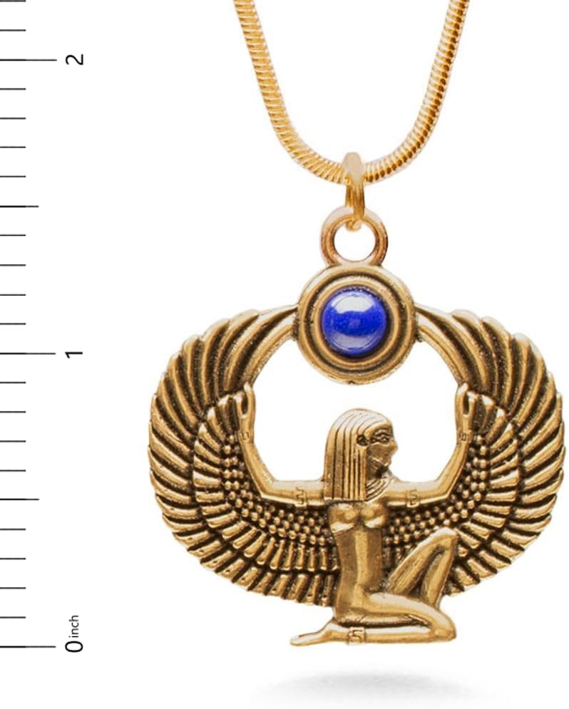 Egyptian Goddess Isis Pendant Necklace with Lapis - Antique Gold