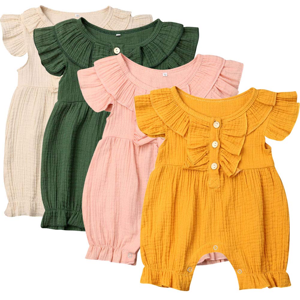 BULINGNA Baby Girl Romper Jumpsuit Cotton Linen Solid Playsuit Flutter Sleeve One-Piece Bodysuit Infant Summer Clothes (C-Green, 0-6 Months)